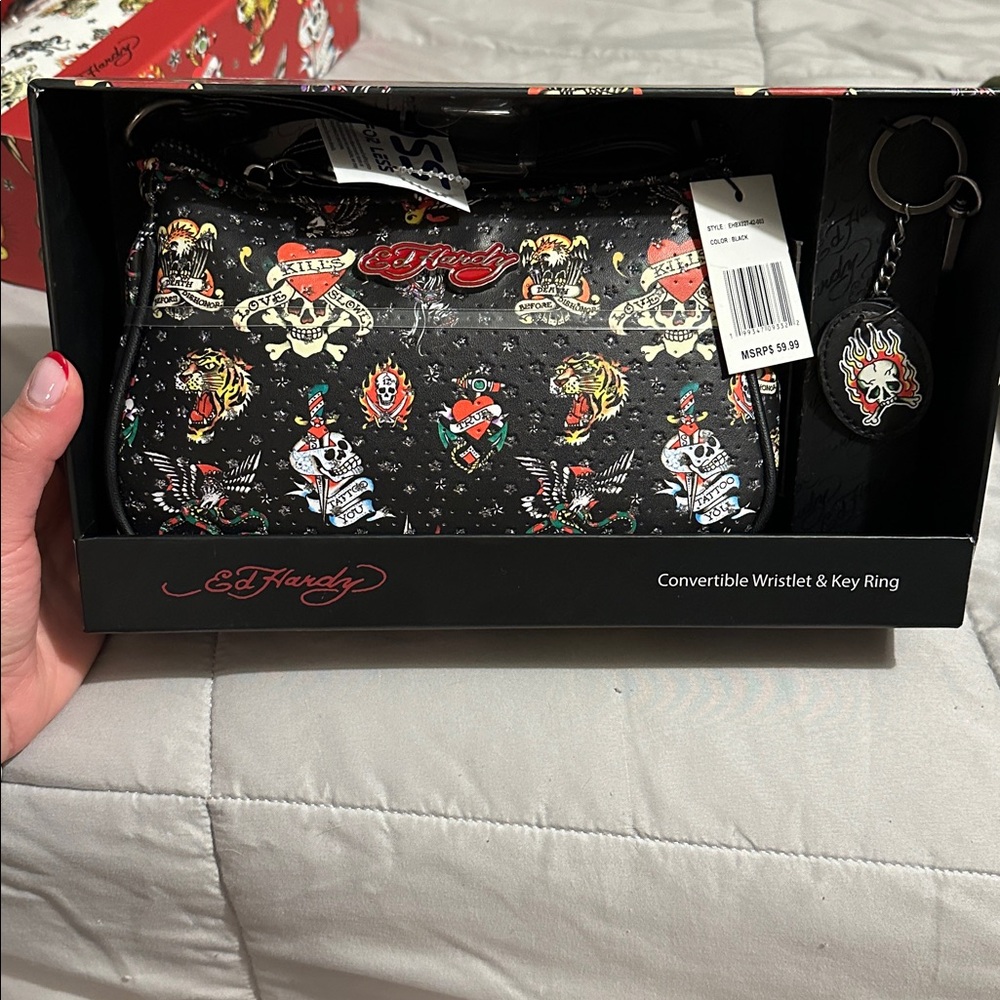 NWT Ed Hardy black Tattoo-Inspired Wristlet with Key Ring in gift box